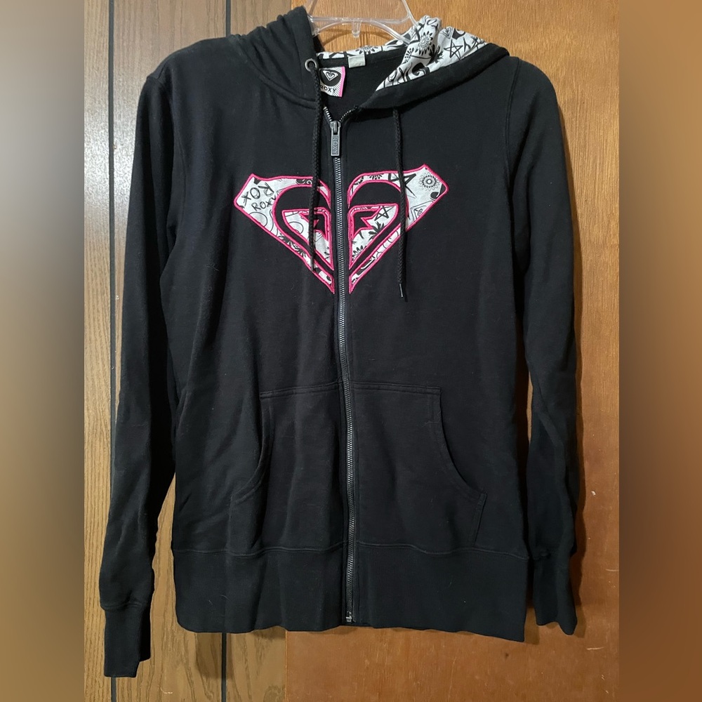 Black Zip-Up Roxy Hoodie with Pink and White Logo. Small. Excellent condition